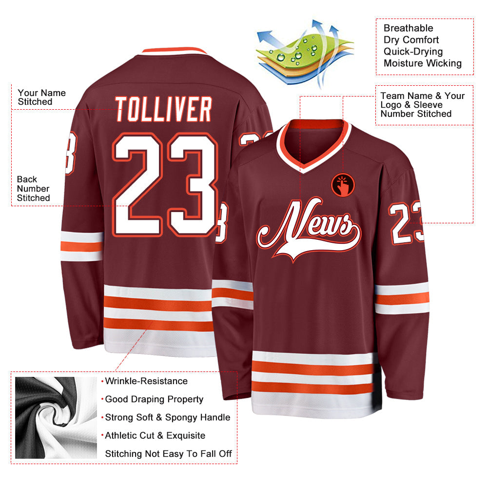Custom Burgundy White-Orange Hockey Jersey view 2