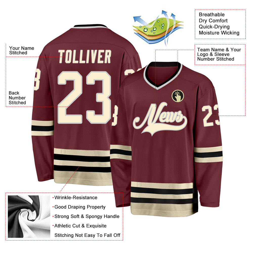 Custom Burgundy Cream-Black Hockey Jersey view 2
