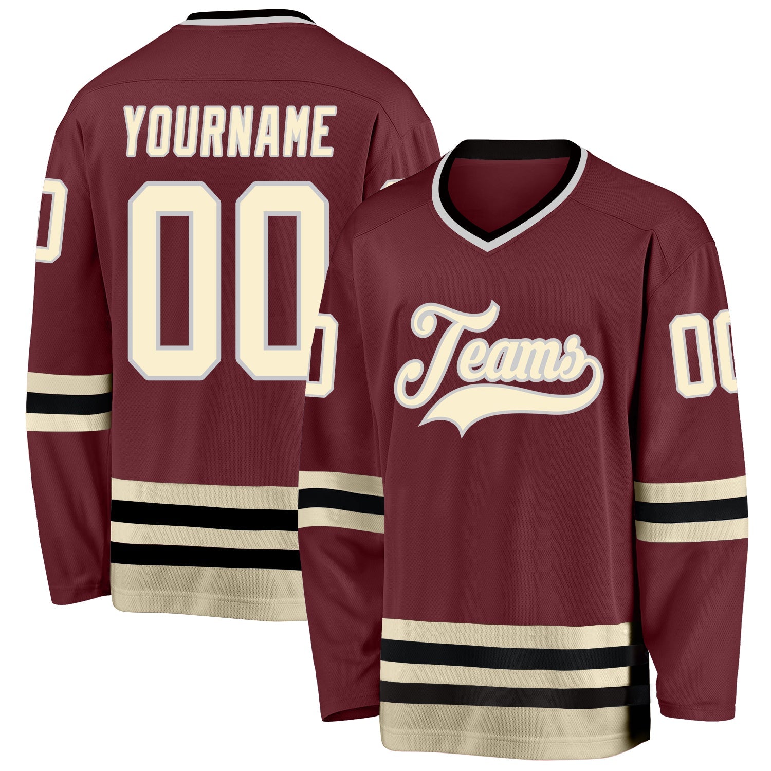 Custom Burgundy Cream-Black Hockey Jersey - Main View