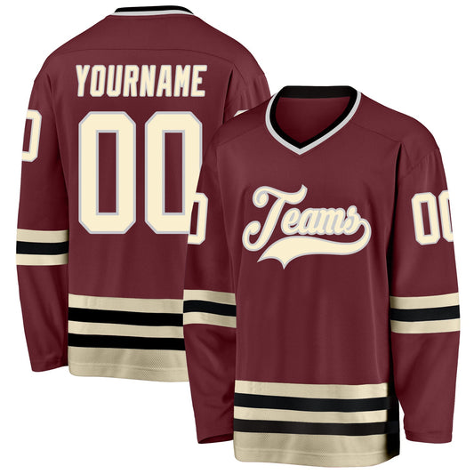 Custom Burgundy Cream-Black Hockey Jersey - Main View