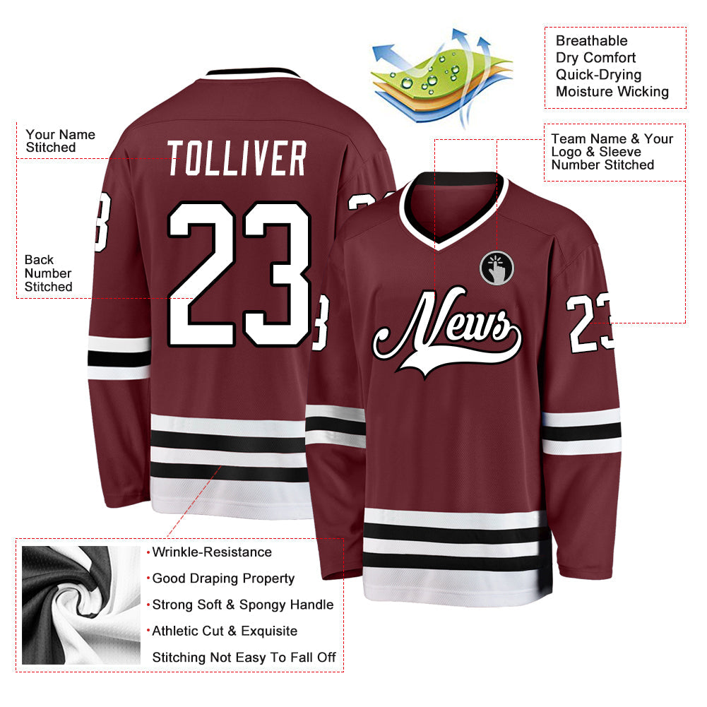 Custom Burgundy White-Black Hockey Jersey view 2