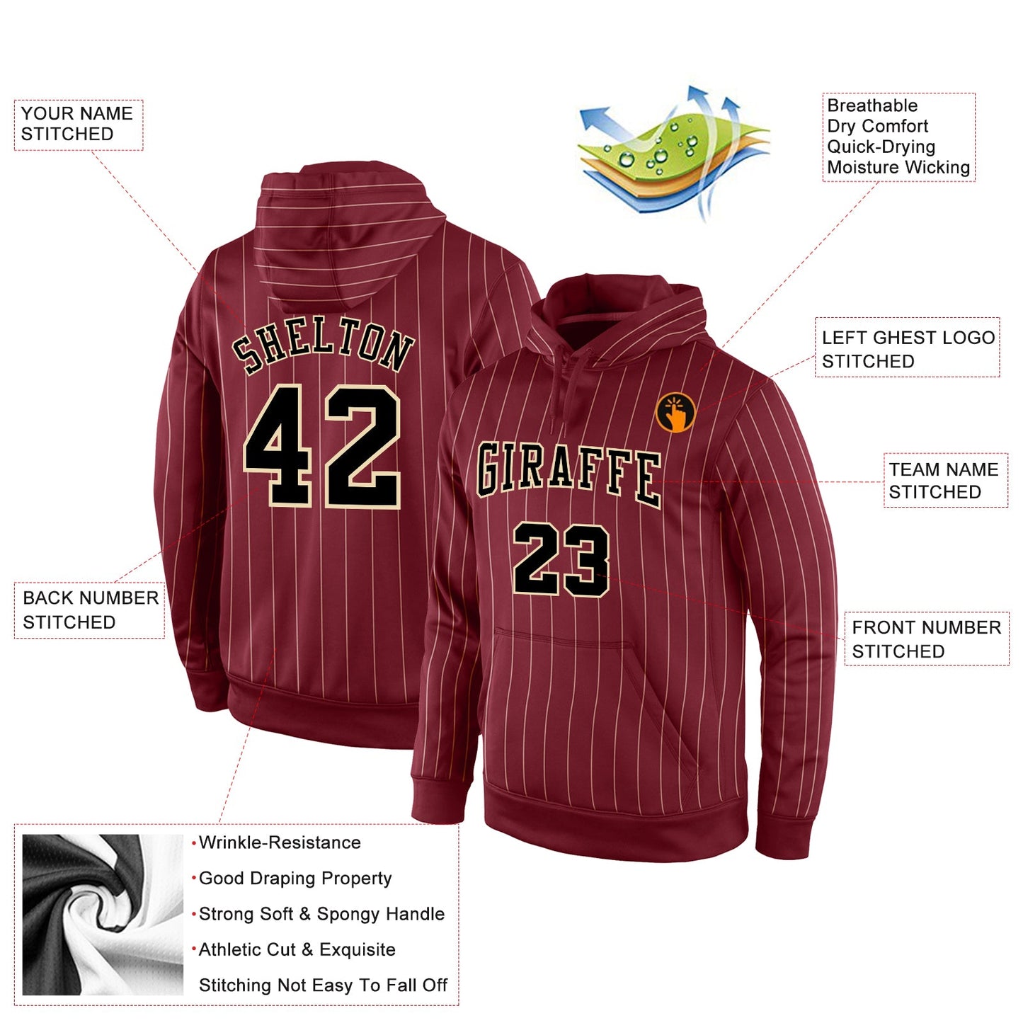 Custom Stitched Burgundy Cream Pinstripe Black-Cream Sports Pullover Sweatshirt Hoodie view 2