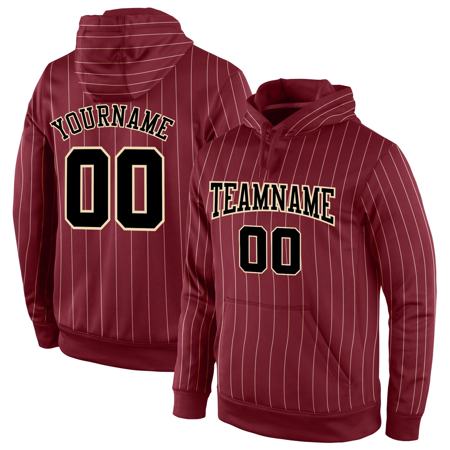 Custom Stitched Burgundy Cream Pinstripe Black-Cream Sports Pullover Sweatshirt Hoodie - Main View