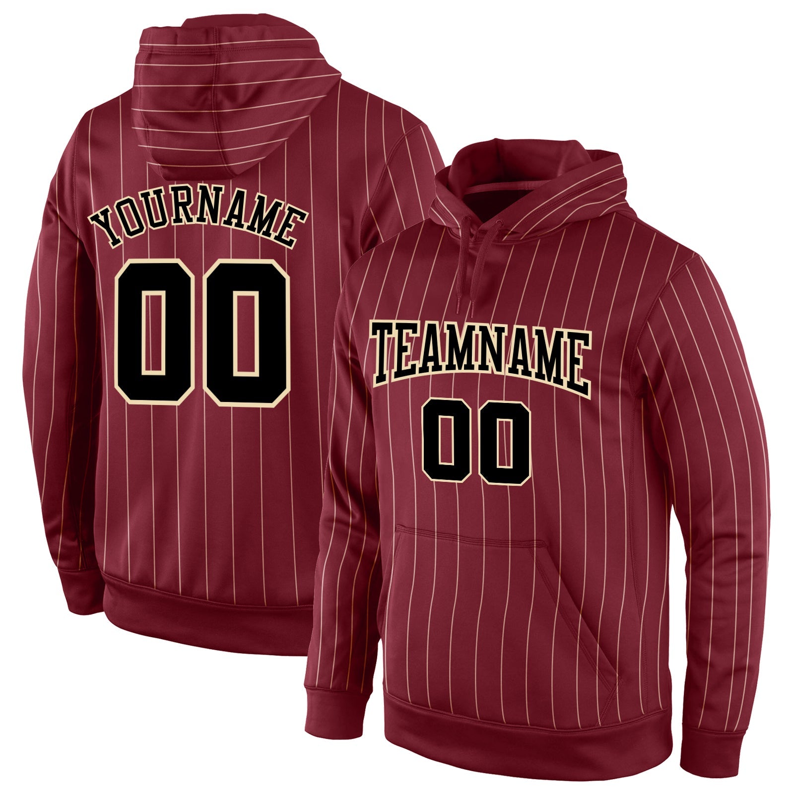 Custom Stitched Burgundy Cream Pinstripe Black-Cream Sports Pullover Sweatshirt Hoodie - Main View