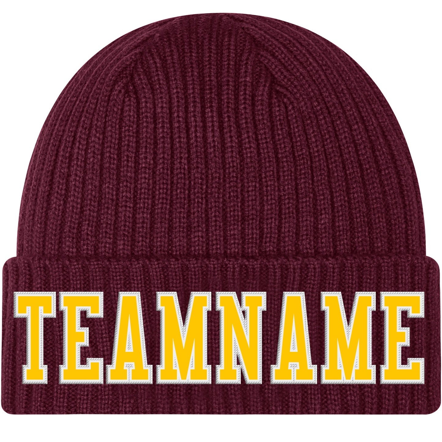 Custom Burgundy Gold-White Stitched Cuffed Knit Hat - Main View
