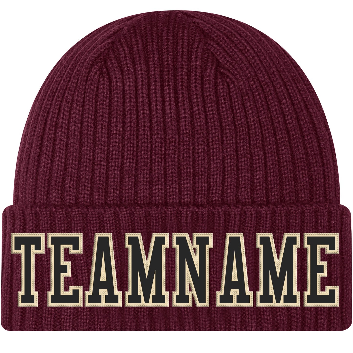 Custom Burgundy Black-Cream Stitched Cuffed Knit Hat - Main View