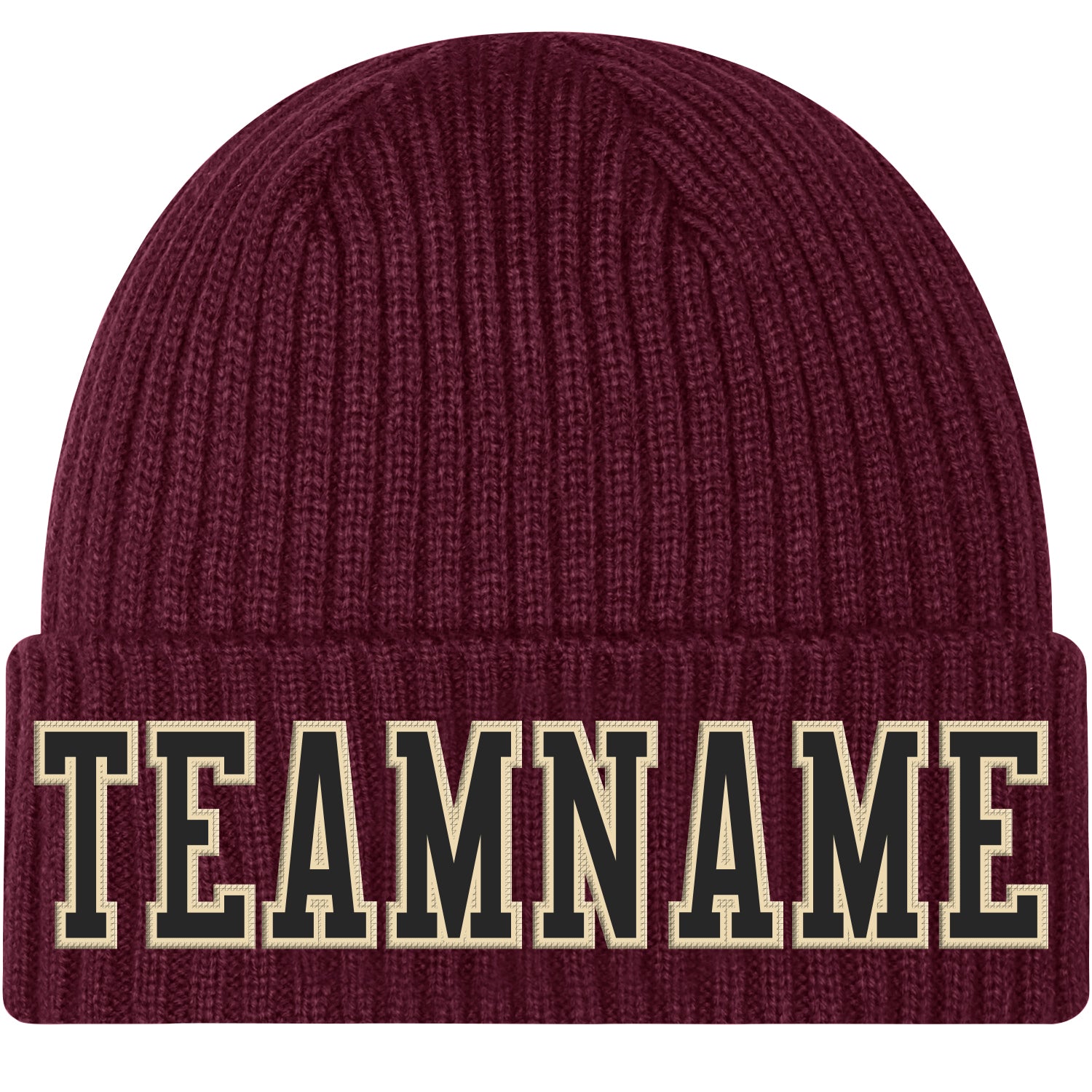 Custom Burgundy Black-Cream Stitched Cuffed Knit Hat - Main View