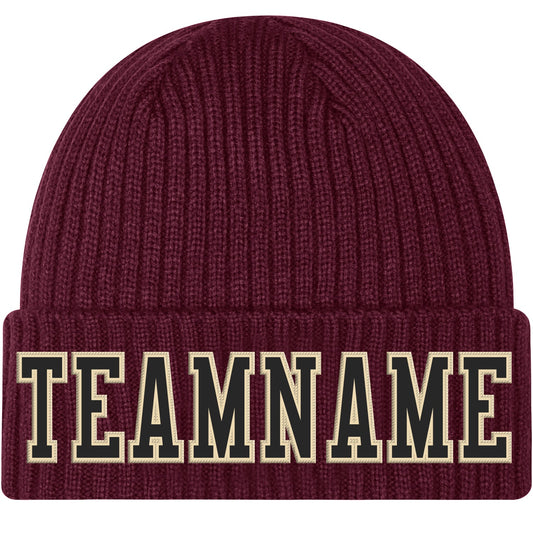 Custom Burgundy Black-Cream Stitched Cuffed Knit Hat - Main View