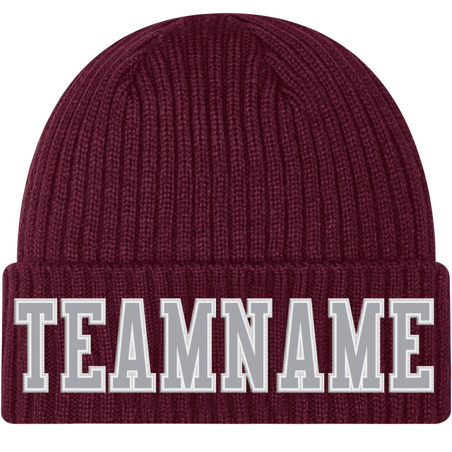Custom Burgundy Gray-White Stitched Cuffed Knit Hat - Main View