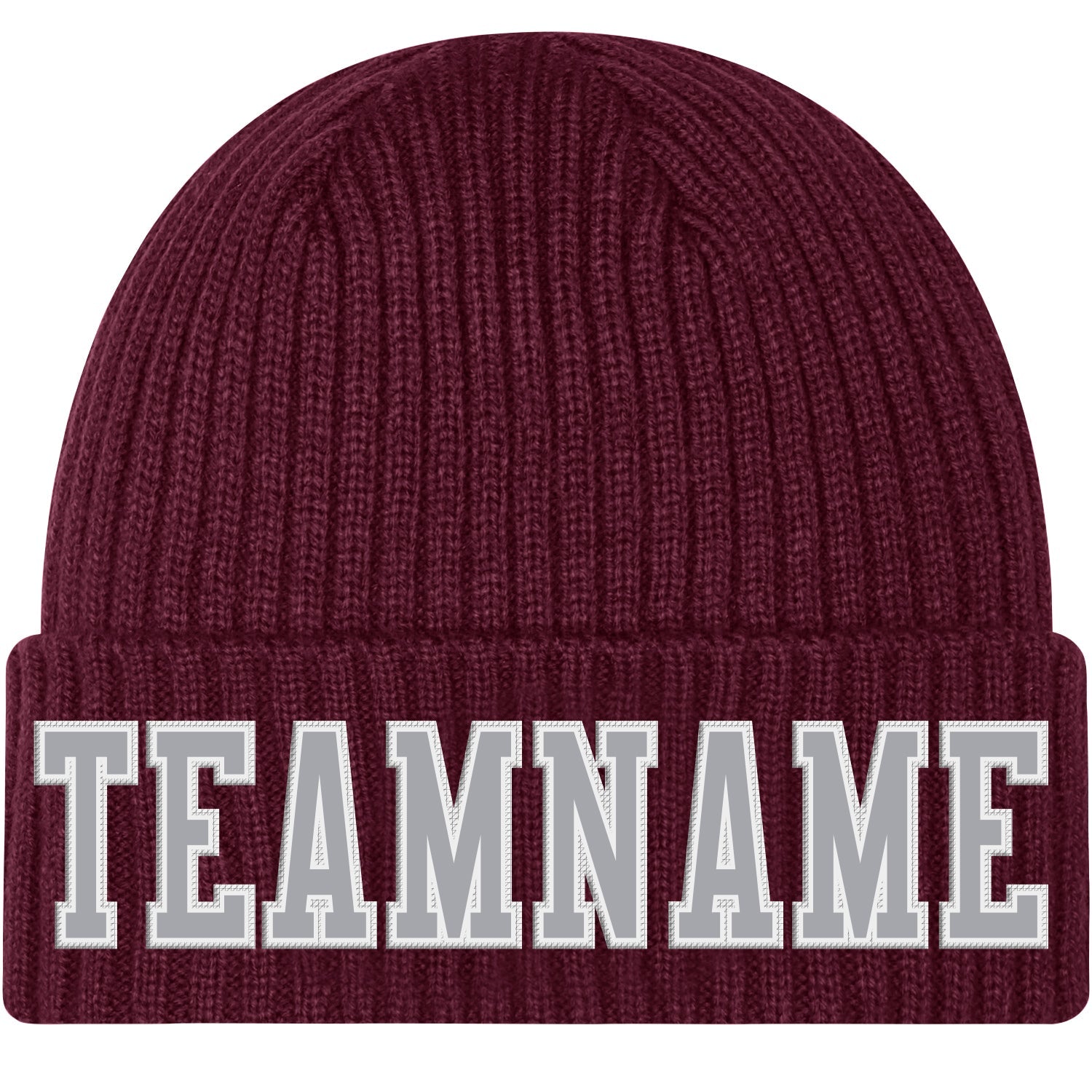 Custom Burgundy Gray-White Stitched Cuffed Knit Hat - Main View
