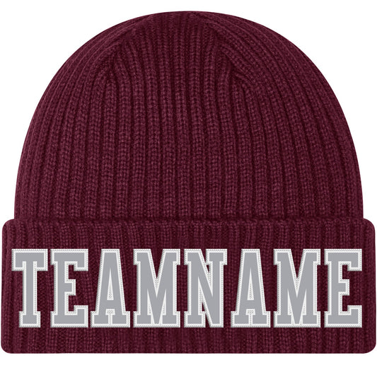 Custom Burgundy Gray-White Stitched Cuffed Knit Hat - Main View