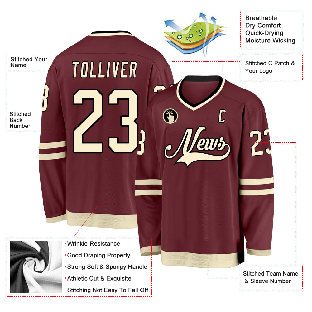 Custom Burgundy Cream-Black Hockey Jersey view 2