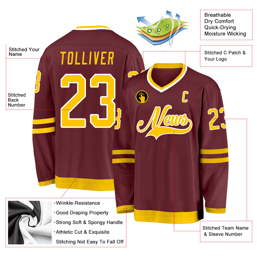 Custom Burgundy Gold-White Hockey Jersey view 2