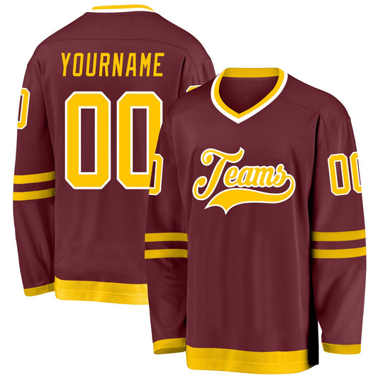 Custom Burgundy Gold-White Hockey Jersey - Main View