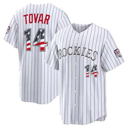 Colorado Rockies #14 Ezequiel Tovar USA 250 Fourth of July Home Stadium Jersey - White Tailgate Goods - Main View