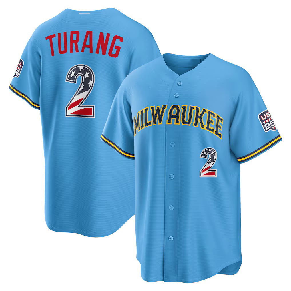 Milwaukee Brewers #2 Brice Turang USA 250 Fourth of July Road Stadium Jersey - Light Blue Tailgate Goods - Main View