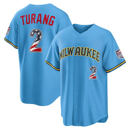 Milwaukee Brewers #2 Brice Turang USA 250 Fourth of July Road Stadium Jersey - Light Blue Tailgate Goods - Main View