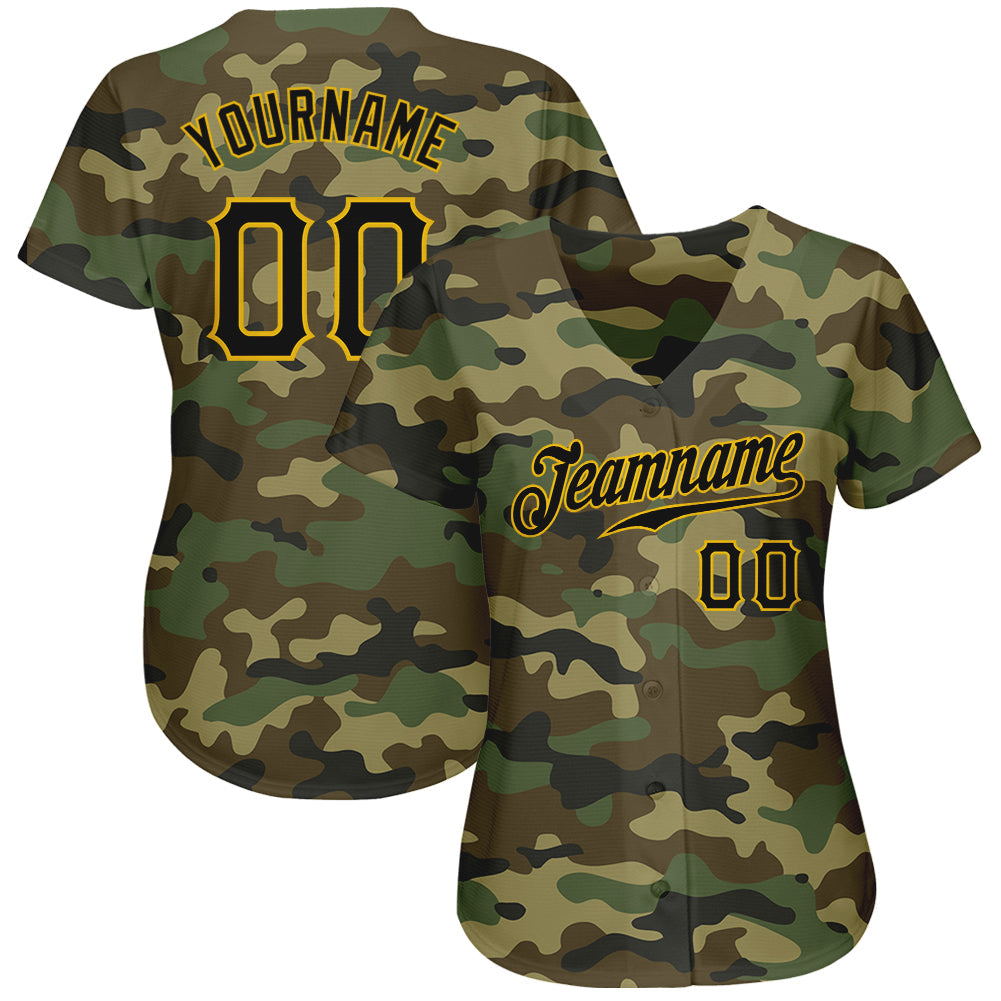 Custom Camo Black-Gold Authentic Salute To Service Baseball Jersey view 2
