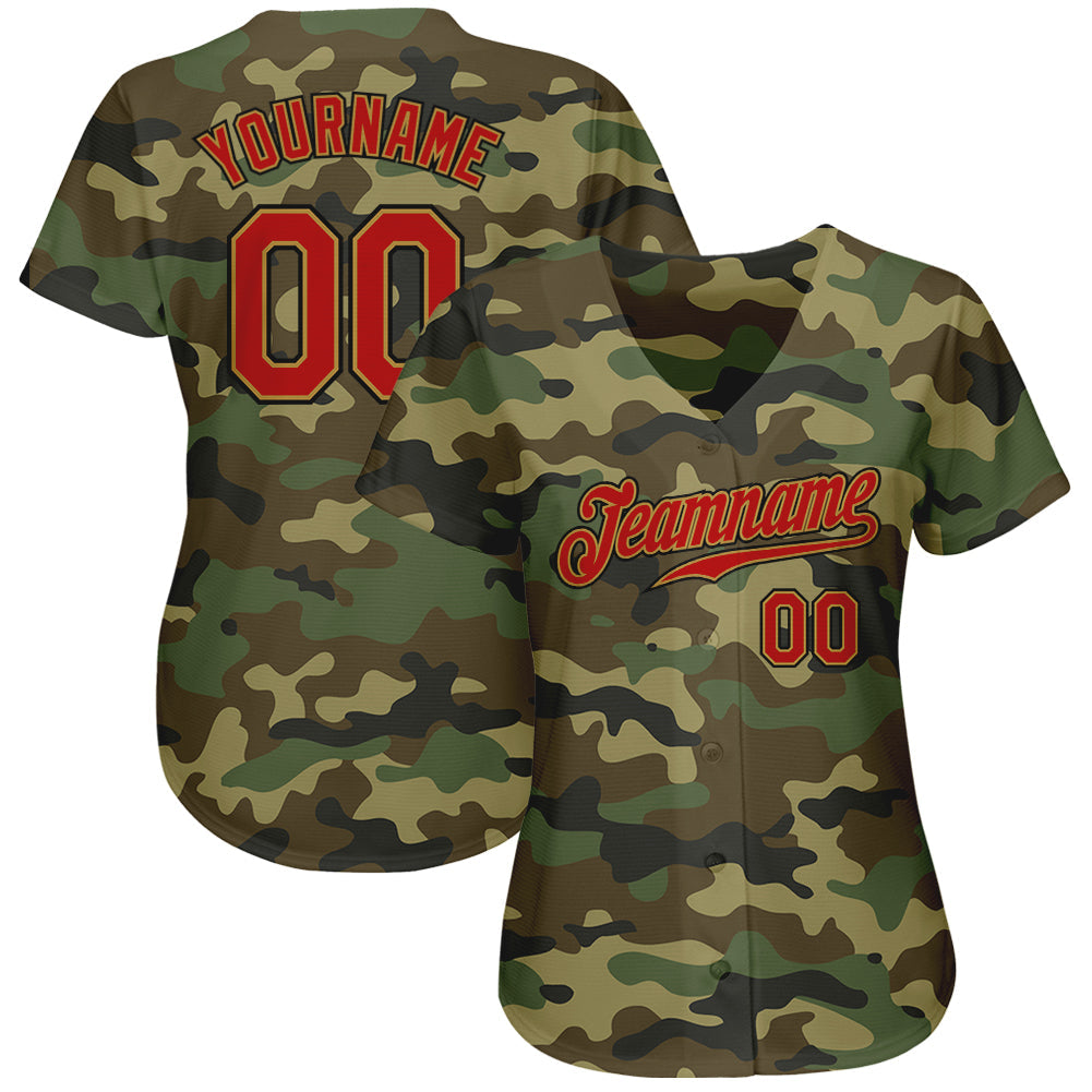 Custom Camo Red-Old Gold Authentic Salute To Service Baseball Jersey view 3
