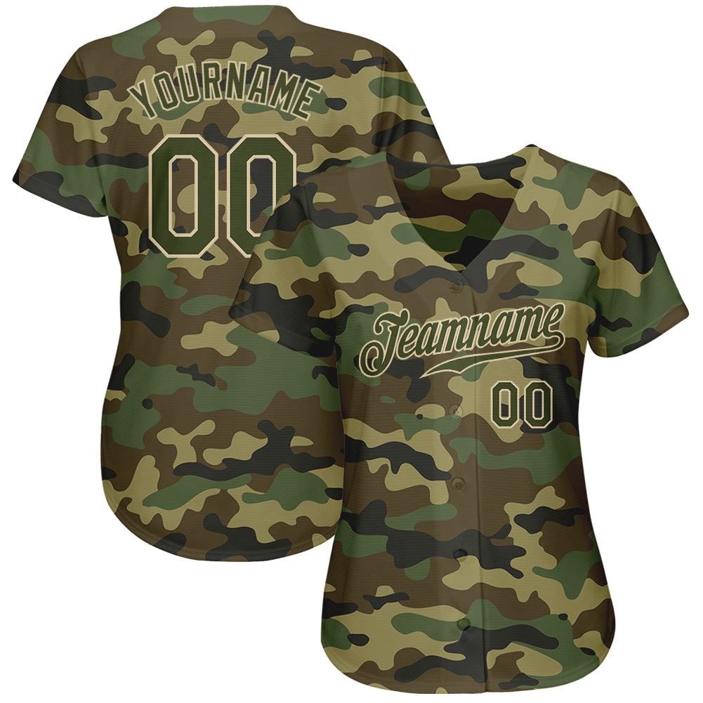 Custom Camo Olive-Cream Authentic Salute To Service Baseball Jersey view 2