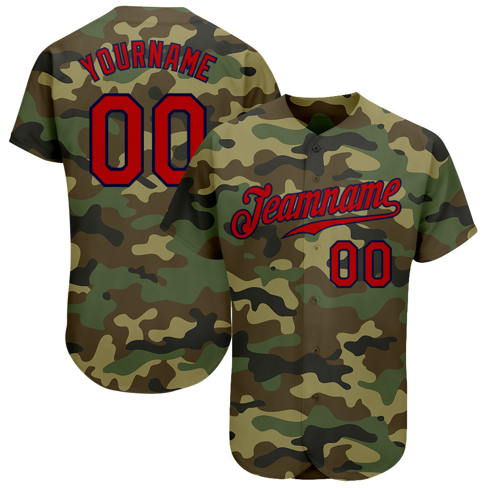 Custom Camo Red-Navy Authentic Salute To Service Baseball Jersey - Main View