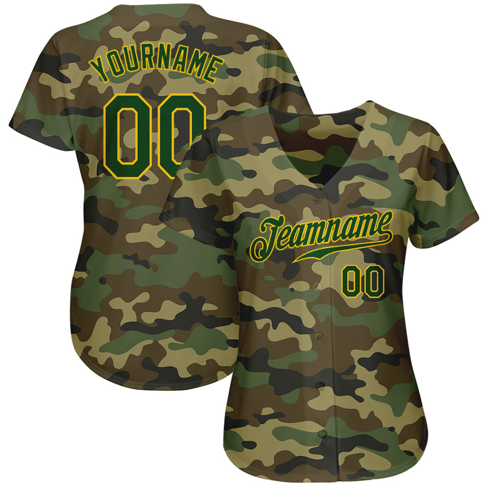 Custom Camo Green-Gold Authentic Salute To Service Baseball Jersey view 3