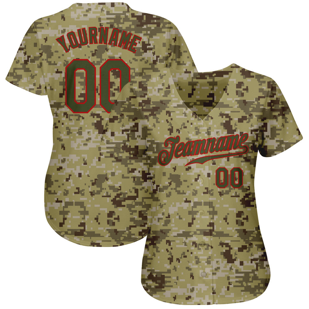 Custom Camo Olive-Red Authentic Salute To Service Baseball Jersey view 2