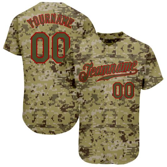 Custom Camo Olive-Red Authentic Salute To Service Baseball Jersey - Main View