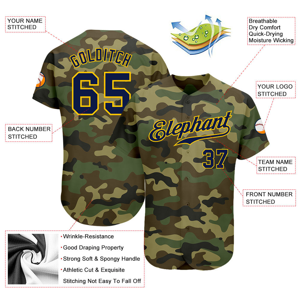 Custom Camo Navy-Gold Authentic Salute To Service Baseball Jersey view 3