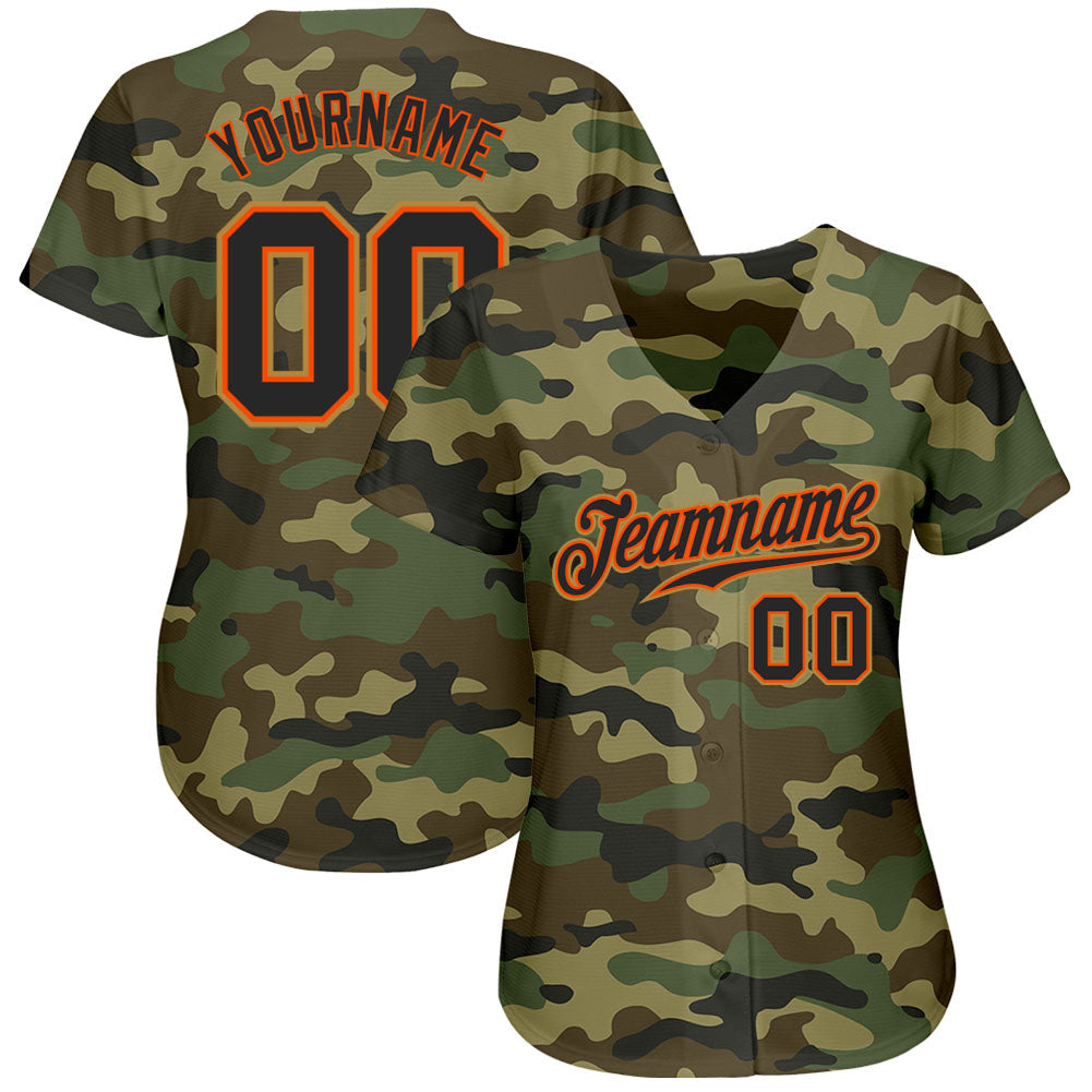 Custom Camo Black-Orange Authentic Salute To Service Baseball Jersey view 3