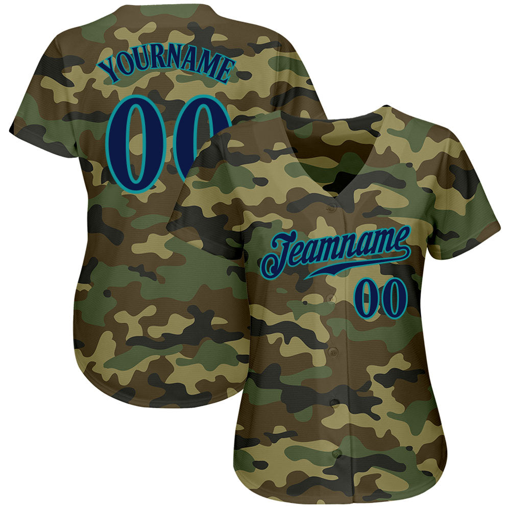Custom Camo Navy-Teal Authentic Salute To Service Baseball Jersey view 2