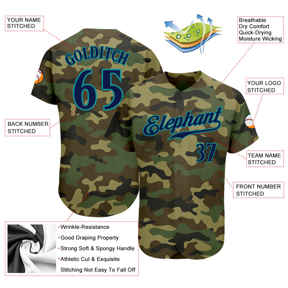 Custom Camo Navy-Teal Authentic Salute To Service Baseball Jersey view 3