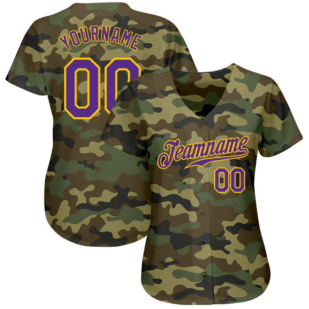 Custom Camo Purple-Gold Authentic Salute To Service Baseball Jersey view 2