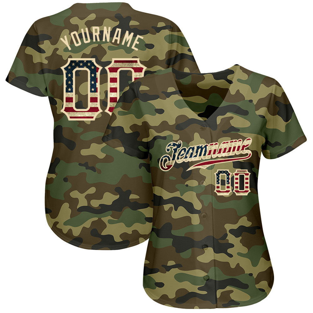 Custom Camo Vintage USA Flag-Cream Authentic Salute To Service Baseball Jersey view 3