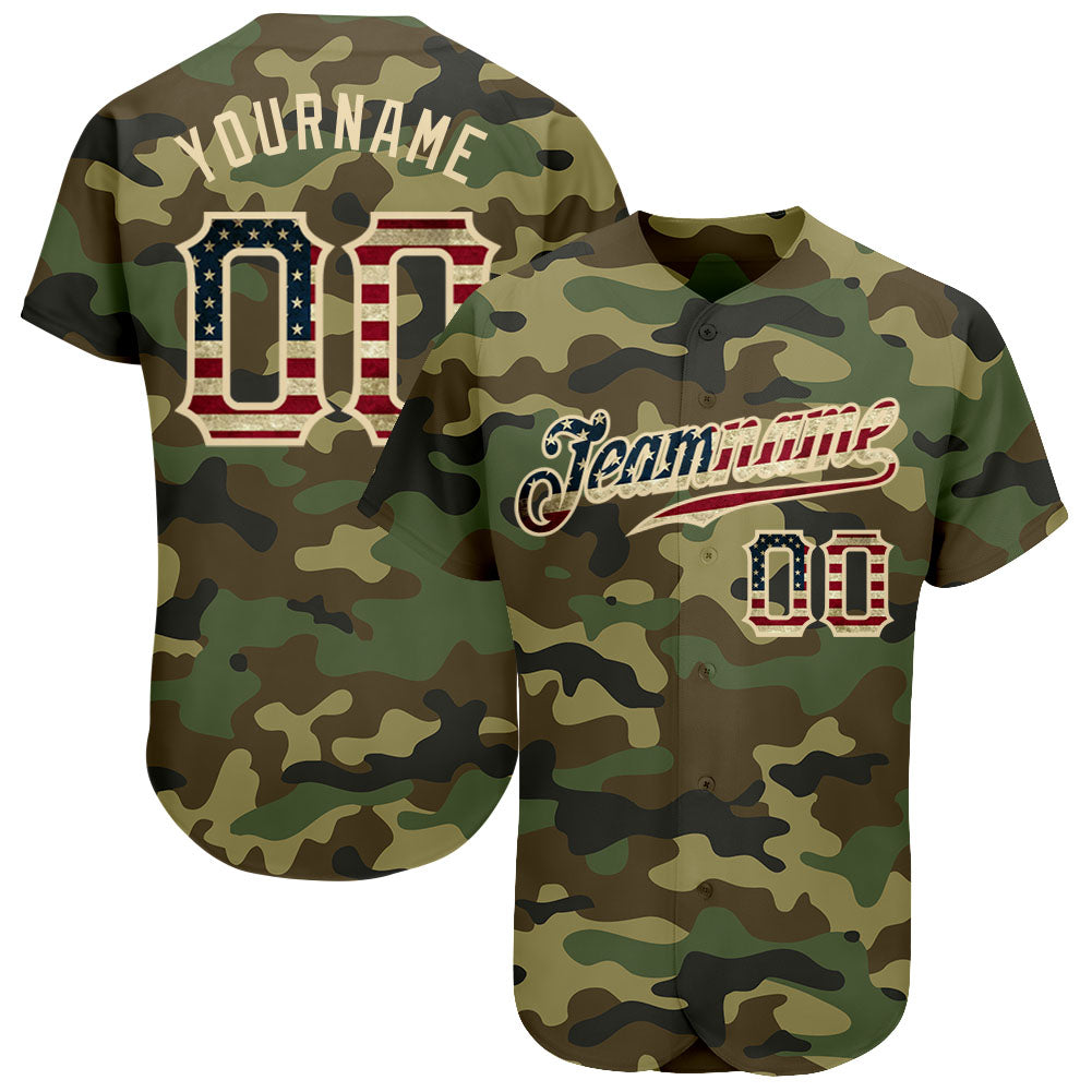 Custom Camo Vintage USA Flag-Cream Authentic Salute To Service Baseball Jersey - Main View
