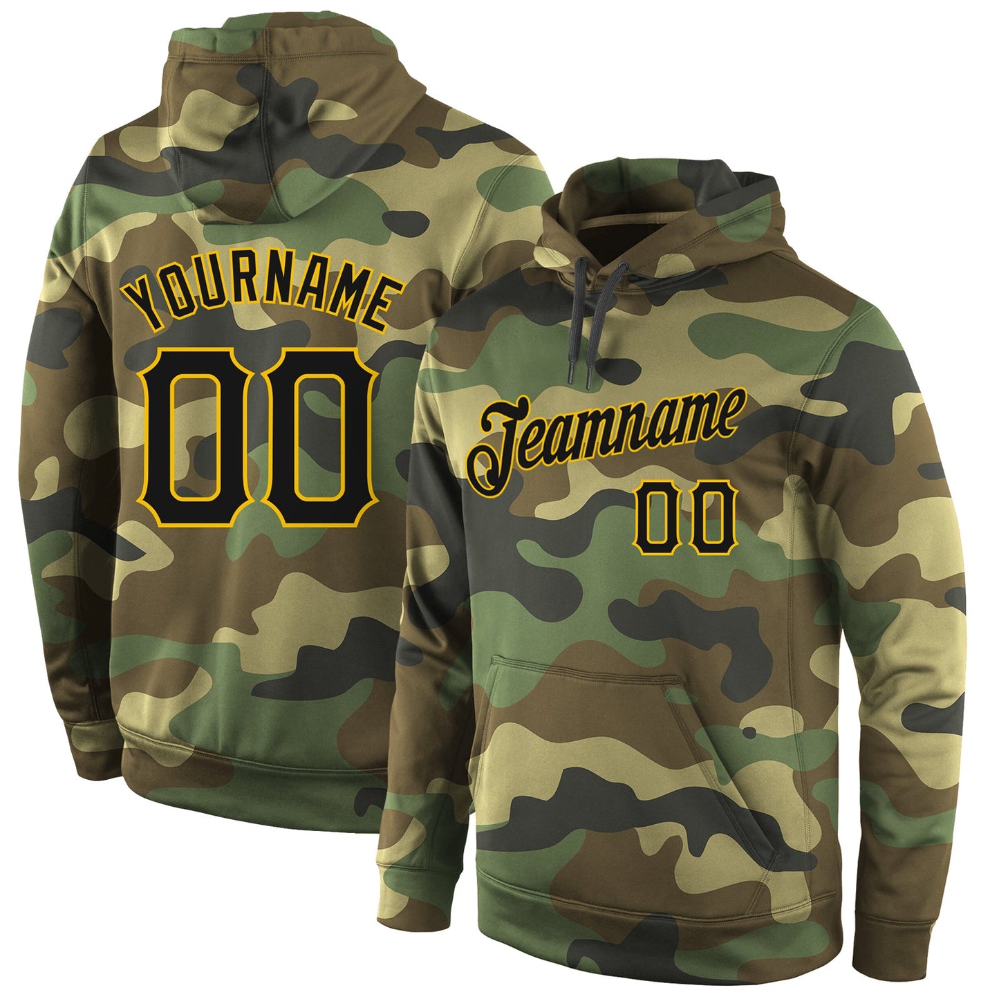 Custom Stitched Camo Black-Gold Sports Pullover Sweatshirt Salute To Service Hoodie - Main View