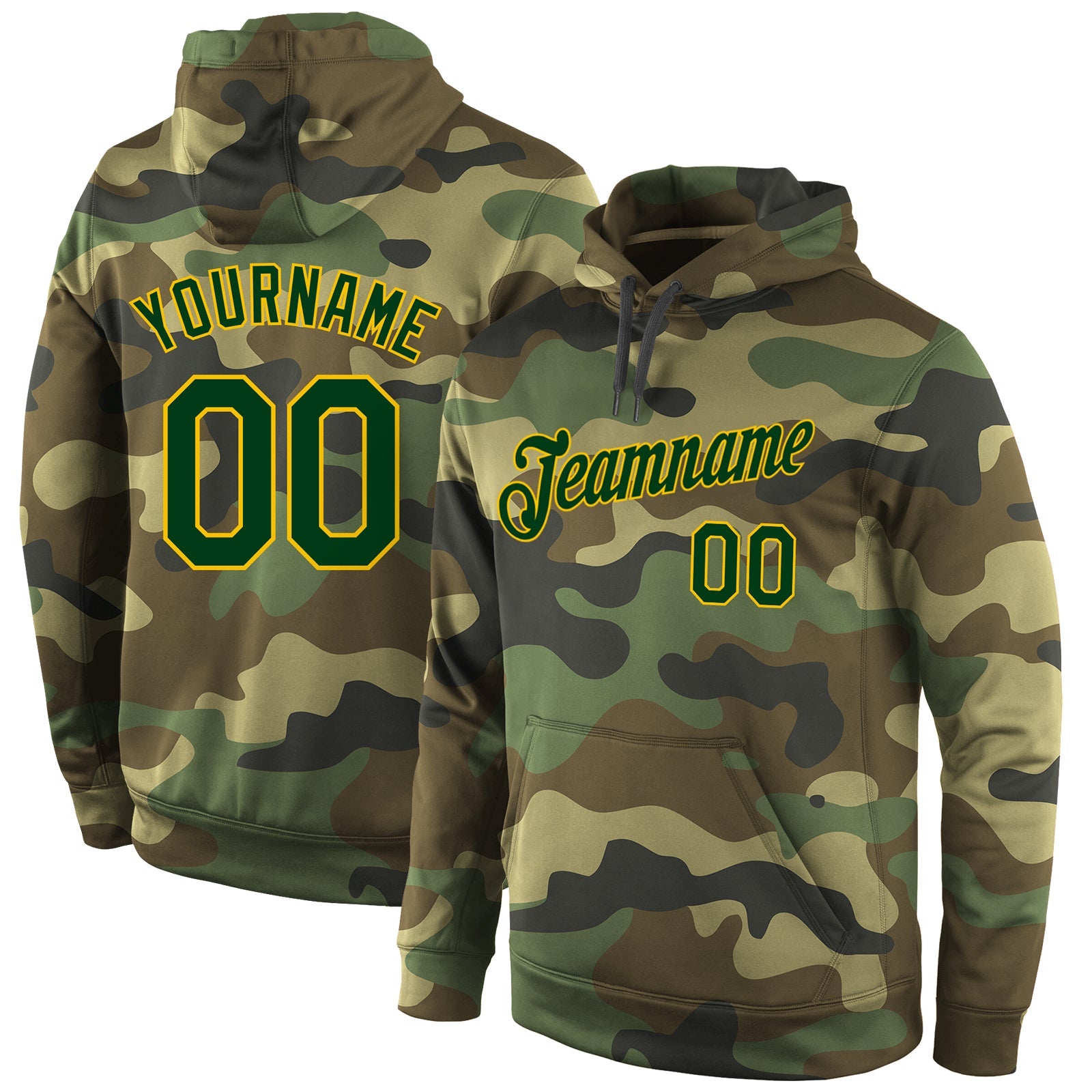 Custom Stitched Camo Green-Gold Sports Pullover Sweatshirt Salute To Service Hoodie - Main View