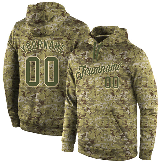 Custom Stitched Camo Olive-Cream Sports Pullover Sweatshirt Salute To Service Hoodie - Main View