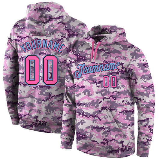 Custom Stitched Camo Pink-Light Blue Sports Pullover Sweatshirt Salute To Service Hoodie - Main View