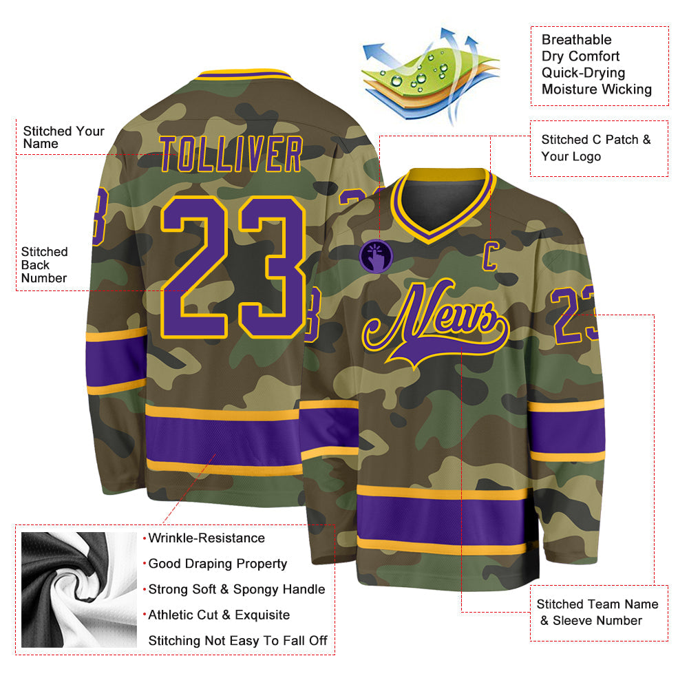 Custom Camo Purple-Gold Salute To Service Hockey Jersey view 2