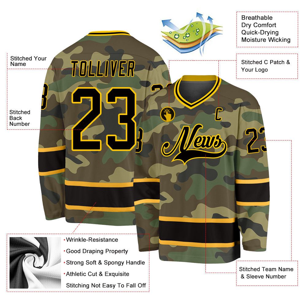 Custom Camo Black-Gold Salute To Service Hockey Jersey view 2