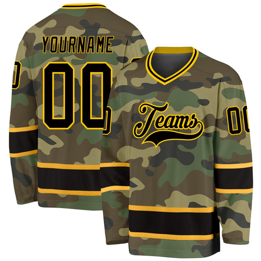 Custom Camo Black-Gold Salute To Service Hockey Jersey - Main View