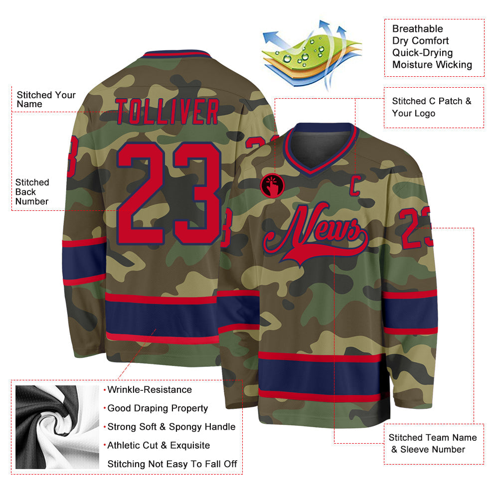 Custom Camo Red-Navy Salute To Service Hockey Jersey view 2