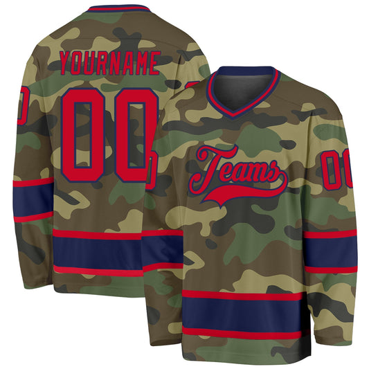 Custom Camo Red-Navy Salute To Service Hockey Jersey - Main View