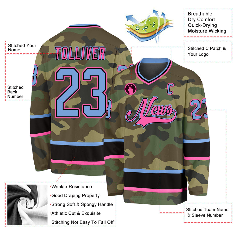 Custom Camo Light Blue-Pink Salute To Service Hockey Jersey view 2