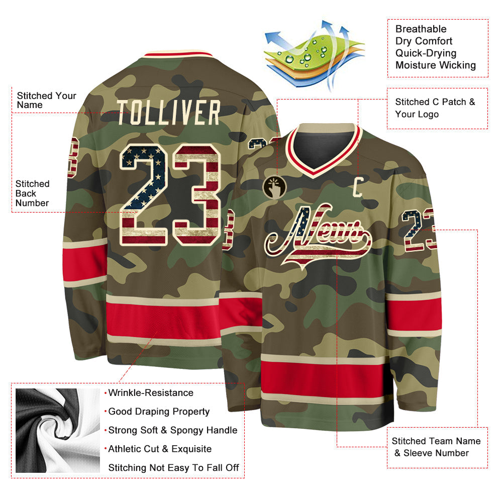 Custom Camo Vintage USA Flag-Red Salute To Service Hockey Jersey view 2