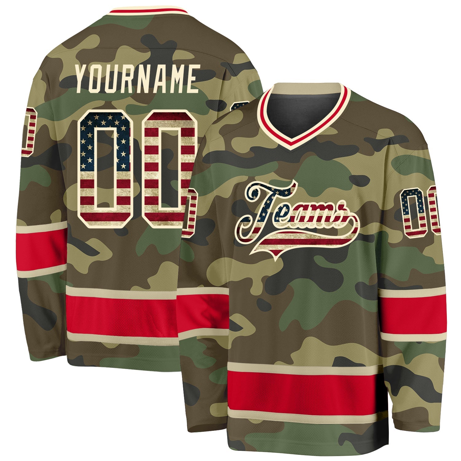 Custom Camo Vintage USA Flag-Red Salute To Service Hockey Jersey - Main View