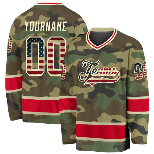 Custom Camo Vintage USA Flag-Red Salute To Service Hockey Jersey - Main View