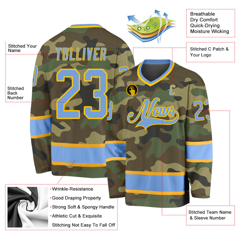 Custom Camo Light Blue-Gold Salute To Service Hockey Jersey view 2