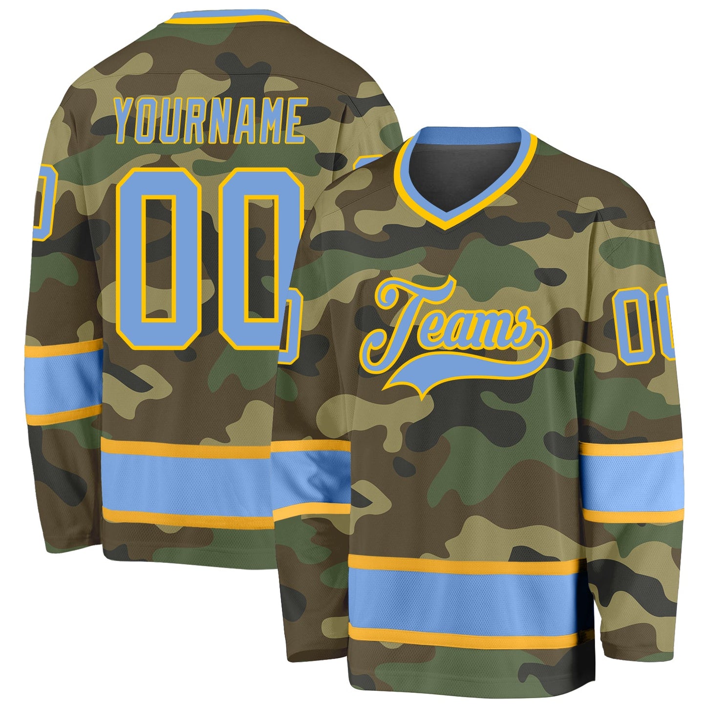 Custom Camo Light Blue-Gold Salute To Service Hockey Jersey - Main View